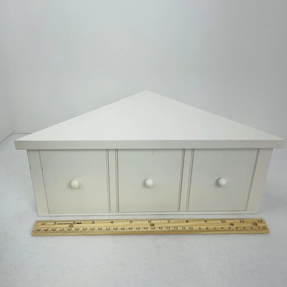 White Wooden Corner Wall Shelf with Storage Drawer and 3 Knobs Floating Shelf